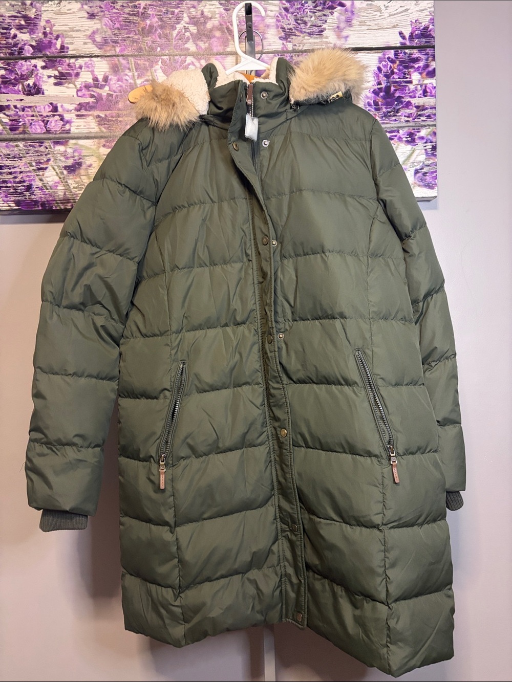 Lauren Ralph Lauren Olive Green Quilted Puffer Coat with Faux Fur Trim Hood NWOT
